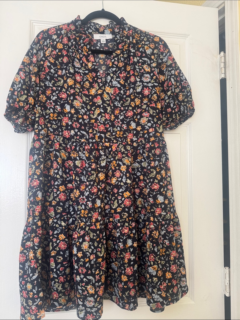 CeCe Black Floral Tiered Dress with Red, Yellow & Cream Blooms
